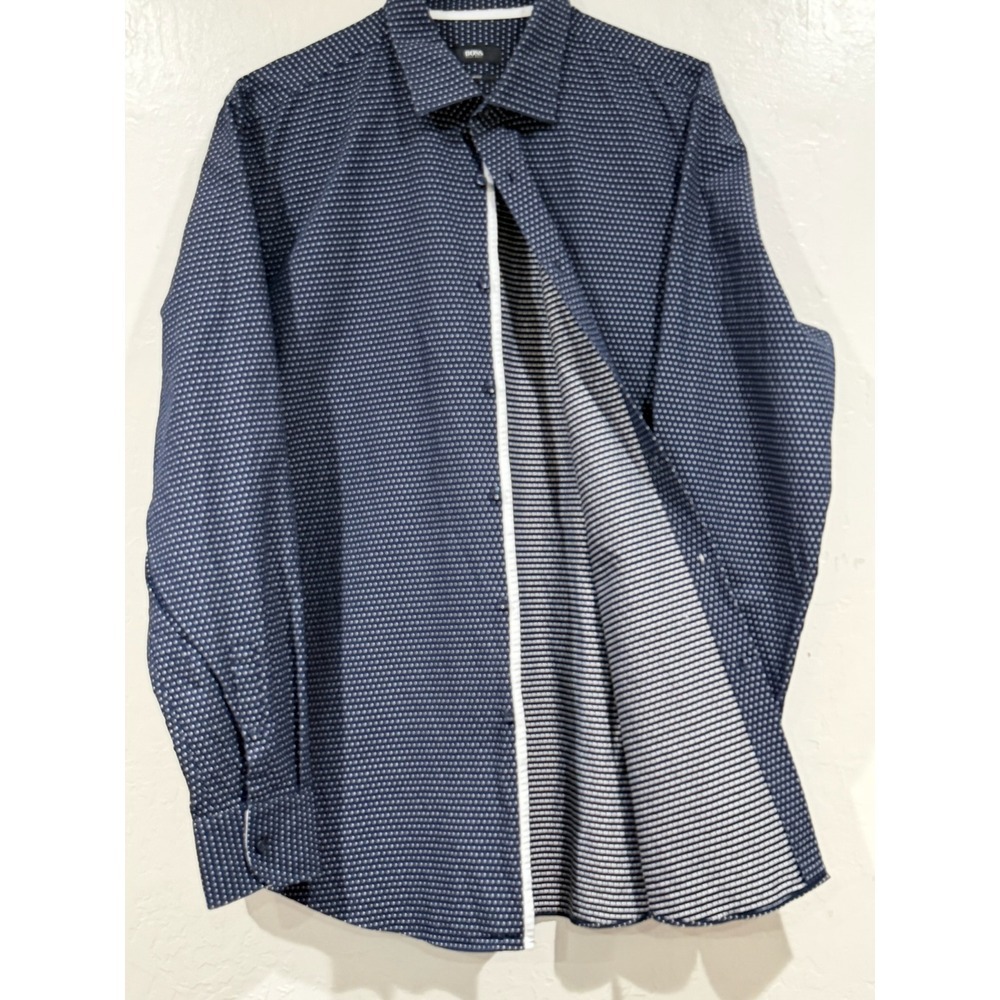 Hugo Boss Jesse Slim Fit Dress Shirt Navy Blue Geometric Dot Mens 17 43 L - Picture 11 of 11